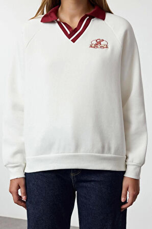 Kadın Moda Şık Bol Polo Yaka Düşük Kol Uzun Nakışlı Gneiş Kalıp Kalın İçi Polarlı Örme Sweatshirt