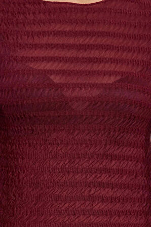 Kadın Moda Şık Regular Bisiklet Yaka Slim Kalıp Örme Fitted Vücuda Oturan Dokulu Tül Esnek Bluz