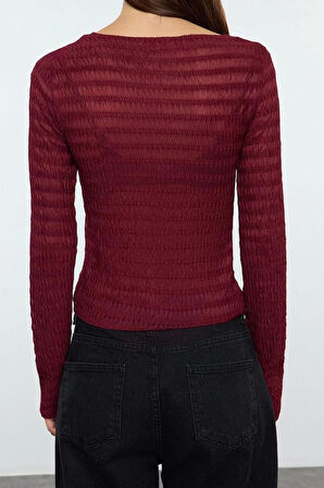 Kadın Moda Şık Regular Bisiklet Yaka Slim Kalıp Örme Fitted Vücuda Oturan Dokulu Tül Esnek Bluz