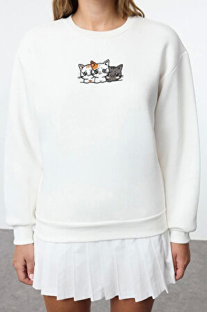 Kadın Moda Regular Bisiklet Yaka Düşük Kol Regular Normal Kalıp Kalın İçi Polarlı Örme Sweatshirt