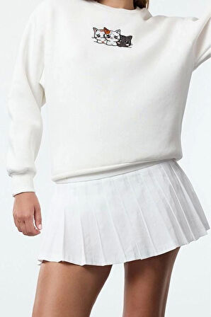 Kadın Moda Regular Bisiklet Yaka Düşük Kol Regular Normal Kalıp Kalın İçi Polarlı Örme Sweatshirt