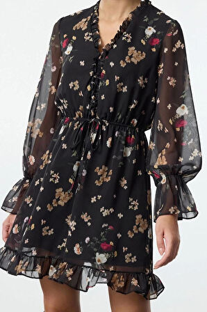 Kadın Moda Şık Mini Boy V Yaka Regular Çiçek Desenli Eteği Belden Açılan Astarlı Şifon Dokuma Elbise