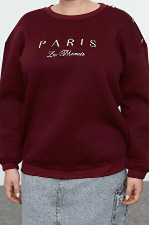 Kadın Büyük Beden Boyfriend Bisiklet Yaka Düşük Kol Düğme ve Nakışlı İçi Polar Örme Sweatshirt