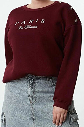 Kadın Büyük Beden Boyfriend Bisiklet Yaka Düşük Kol Düğme ve Nakışlı İçi Polar Örme Sweatshirt