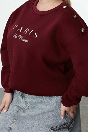 Kadın Büyük Beden Boyfriend Bisiklet Yaka Düşük Kol Düğme ve Nakışlı İçi Polar Örme Sweatshirt