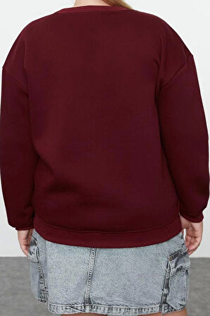 Kadın Büyük Beden Boyfriend Bisiklet Yaka Düşük Kol Düğme ve Nakışlı İçi Polar Örme Sweatshirt