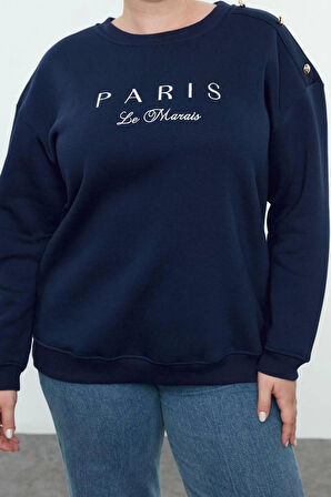 Kadın Büyük Beden Boyfriend Bisiklet Yaka Düşük Kol Düğme ve Nakışlı İçi Polar Örme Sweatshirt