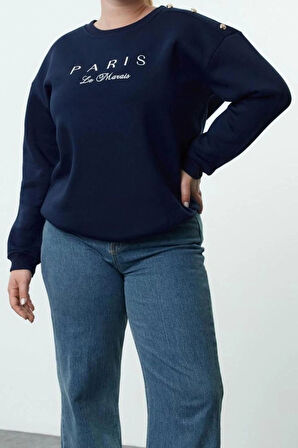 Kadın Büyük Beden Boyfriend Bisiklet Yaka Düşük Kol Düğme ve Nakışlı İçi Polar Örme Sweatshirt