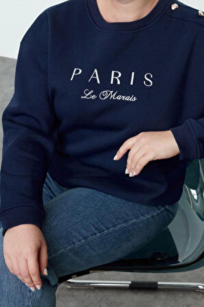 Kadın Büyük Beden Boyfriend Bisiklet Yaka Düşük Kol Düğme ve Nakışlı İçi Polar Örme Sweatshirt