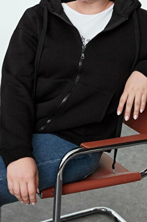 Kadın Büyük Beden Oversize Kapüşonlu Düşük Kol Regular İçi Polarlı Önü Fermuarlı Örme Sweatshirt