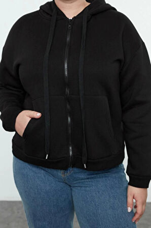 Kadın Büyük Beden Oversize Kapüşonlu Düşük Kol Regular İçi Polarlı Önü Fermuarlı Örme Sweatshirt