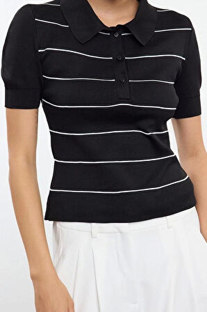 Kadın Moda Şık Polo Yaka Standart Kol Regular Çizgili Triko Kazak
