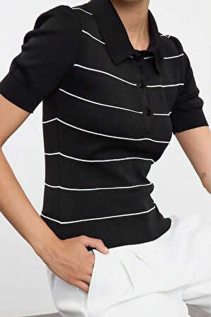 Kadın Moda Şık Polo Yaka Standart Kol Regular Çizgili Triko Kazak