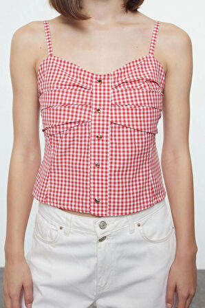 Kadın Moda Şık Üst Giyim Regular Kalp Yaka İnce Askılı Slim Fit Kalıp Dokuma Askılı Pötikareli Bluz