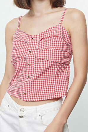 Kadın Moda Şık Üst Giyim Regular Kalp Yaka İnce Askılı Slim Fit Kalıp Dokuma Askılı Pötikareli Bluz
