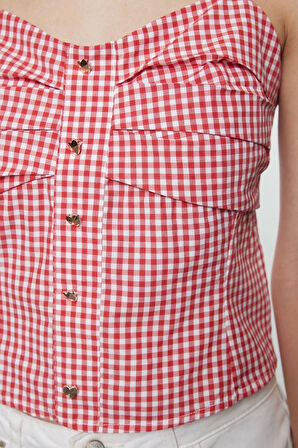Kadın Moda Şık Üst Giyim Regular Kalp Yaka İnce Askılı Slim Fit Kalıp Dokuma Askılı Pötikareli Bluz