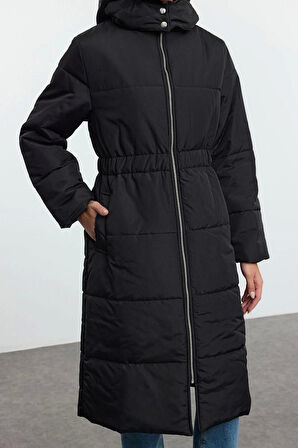 Kadın Moda Şık Oversize Dik Yaka Uzun Düz Astarlı Oversize Kapüşonlu Beli Lastikli Uzun Mont