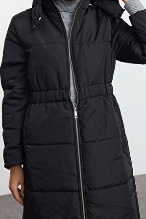 Kadın Moda Şık Oversize Dik Yaka Uzun Düz Astarlı Oversize Kapüşonlu Beli Lastikli Uzun Mont