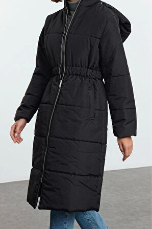 Kadın Moda Şık Oversize Dik Yaka Uzun Düz Astarlı Oversize Kapüşonlu Beli Lastikli Uzun Mont