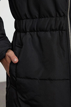 Kadın Moda Şık Oversize Dik Yaka Uzun Düz Astarlı Oversize Kapüşonlu Beli Lastikli Uzun Mont