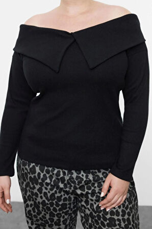 Kadın Moda Şık Büyük Beden Regular Carmen Yaka Regular Kalıp Örme Kaşkorse Bluz