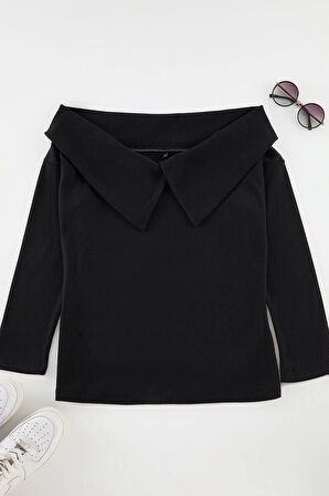 Kadın Moda Şık Büyük Beden Regular Carmen Yaka Regular Kalıp Örme Kaşkorse Bluz
