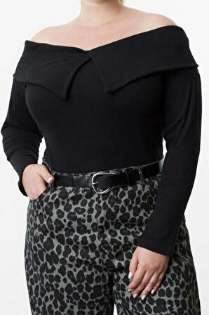 Kadın Moda Şık Büyük Beden Regular Carmen Yaka Regular Kalıp Örme Kaşkorse Bluz