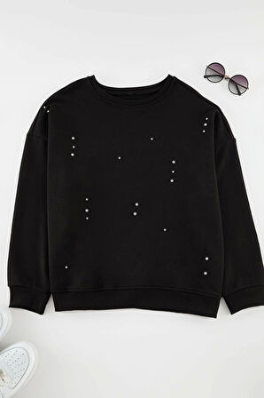 Kadın Büyük Beden Moda Şık Oversize Bisiklet Yaka Düşük Kol Regular Örme Sweatshirt