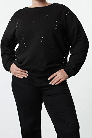 Kadın Büyük Beden Moda Şık Oversize Bisiklet Yaka Düşük Kol Regular Örme Sweatshirt