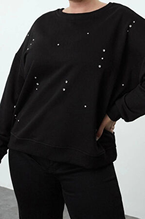Kadın Büyük Beden Moda Şık Oversize Bisiklet Yaka Düşük Kol Regular Örme Sweatshirt