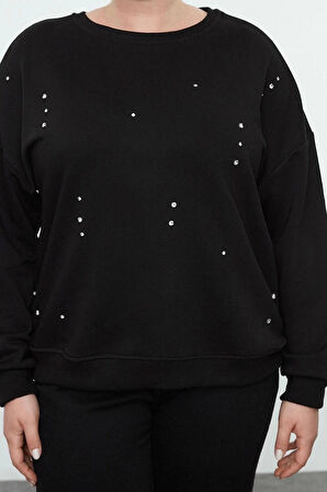 Kadın Büyük Beden Moda Şık Oversize Bisiklet Yaka Düşük Kol Regular Örme Sweatshirt