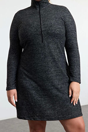 Kadın Moda Şık Büyük Beden Mini Boy Dik Yaka Relaxed Yumoş Örme Büyük Beden Elbise
