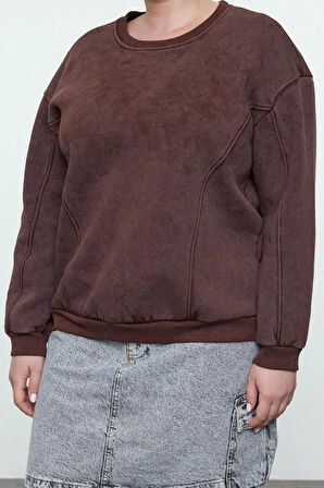 Kadın Büyük Beden Moda Şık Oversize Bisiklet Yaka Düşük Kol Regular İçi Polarlı Örme Sweatshirt