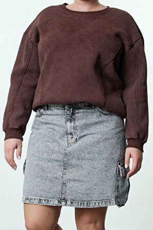 Kadın Büyük Beden Moda Şık Oversize Bisiklet Yaka Düşük Kol Regular İçi Polarlı Örme Sweatshirt