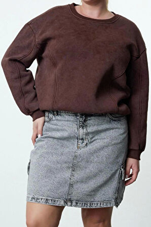 Kadın Büyük Beden Moda Şık Oversize Bisiklet Yaka Düşük Kol Regular İçi Polarlı Örme Sweatshirt
