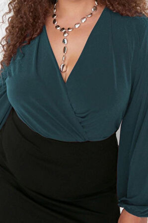 Kadın Moda Şık Büyük Beden Regular Kruvaze Yaka Regular Kalıp Örme Sandy Bluz