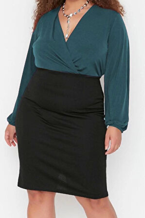 Kadın Moda Şık Büyük Beden Regular Kruvaze Yaka Regular Kalıp Örme Sandy Bluz