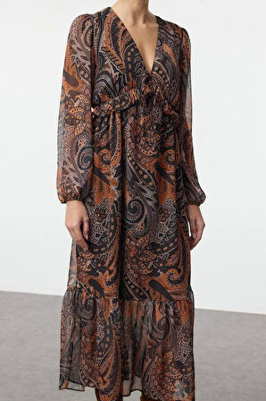 Kadın Moda Şık Midi Boy V Yaka Regular Fırfırlı Astarlı Şifon Dokuma Elbise