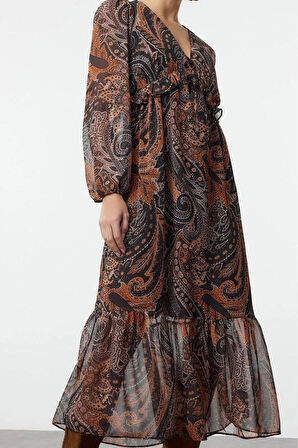 Kadın Moda Şık Midi Boy V Yaka Regular Fırfırlı Astarlı Şifon Dokuma Elbise