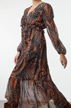 Kadın Moda Şık Midi Boy V Yaka Regular Fırfırlı Astarlı Şifon Dokuma Elbise