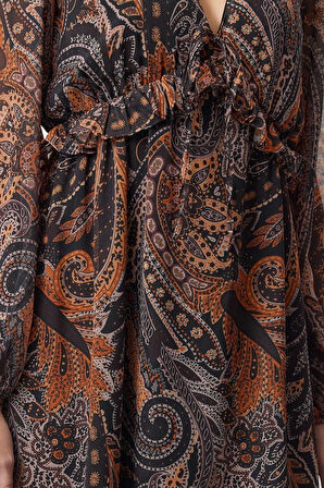 Kadın Moda Şık Midi Boy V Yaka Regular Fırfırlı Astarlı Şifon Dokuma Elbise