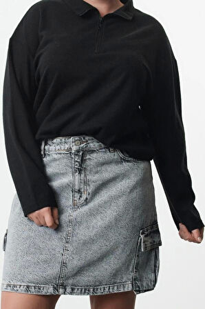 Kadın Büyük Beden Moda Şık Regular Dik Yaka Düşük Kol Crop Sweatshirt