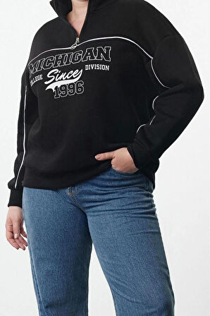 Kadın Büyük Beden Oversize Fermuarlı Yaka Düşük Kol Baskılı Geniş Kalın Polarlı Örme Sweatshirt