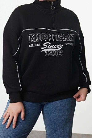 Kadın Büyük Beden Oversize Fermuarlı Yaka Düşük Kol Baskılı Geniş Kalın Polarlı Örme Sweatshirt