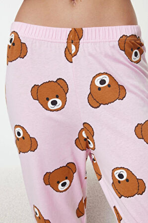 Kadın Moda Şık Bisiklet Yaka Boru Paça Uzun Kol %100 Pamuklu Ayıcık Desenli Örme Pijama Takımı