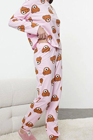 Kadın Moda Şık Bisiklet Yaka Boru Paça Uzun Kol %100 Pamuklu Ayıcık Desenli Örme Pijama Takımı