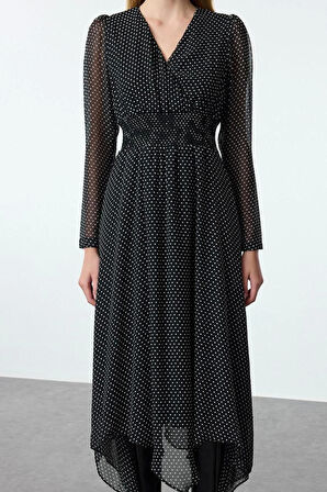 Kadın Midi Boy Kruvaze Puantiyeli A Kesim Yaka Mendil Etek Detaylı Astarlı Şifon Dokuma Elbise