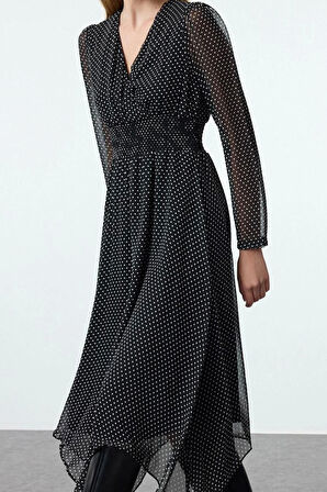 Kadın Midi Boy Kruvaze Puantiyeli A Kesim Yaka Mendil Etek Detaylı Astarlı Şifon Dokuma Elbise