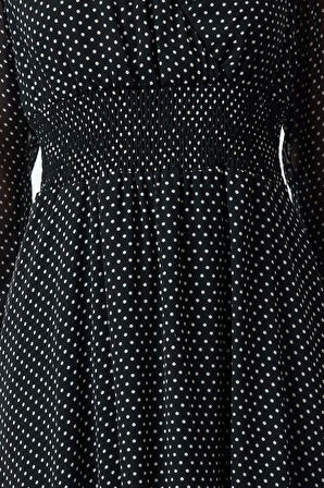 Kadın Midi Boy Kruvaze Puantiyeli A Kesim Yaka Mendil Etek Detaylı Astarlı Şifon Dokuma Elbise