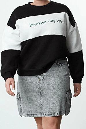 Kadın Büyük Beden Oversize Bisiklet Yaka Düşük Kol Kalın İçi Polarlı Nakış Detaylı Örme Sweatshirt